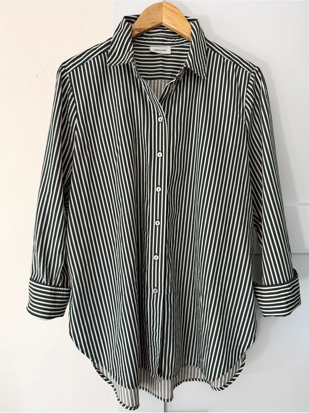 Sussan Austrailian Cotton Relaxed Fit Forest Green Striped Button Down Shirt